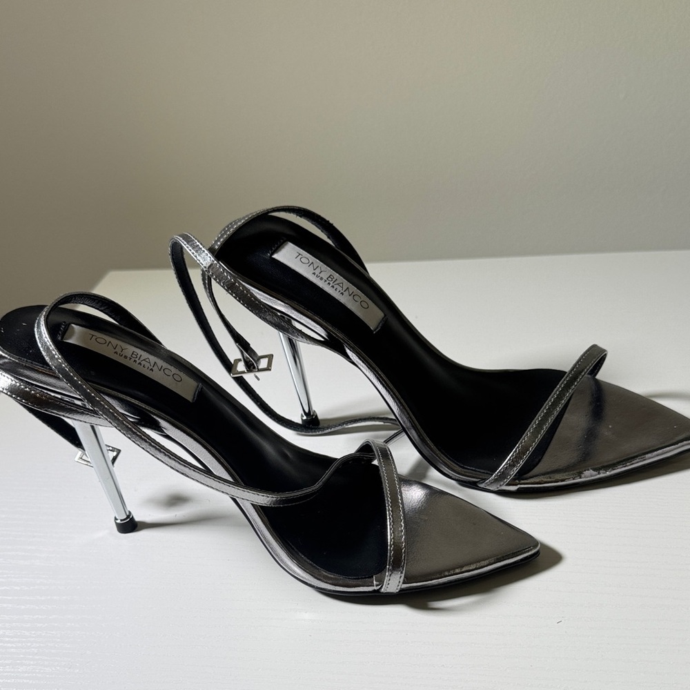 Tony Bianco Metallic Silver Stiletto Slingback Heels - Picture 9 of 12